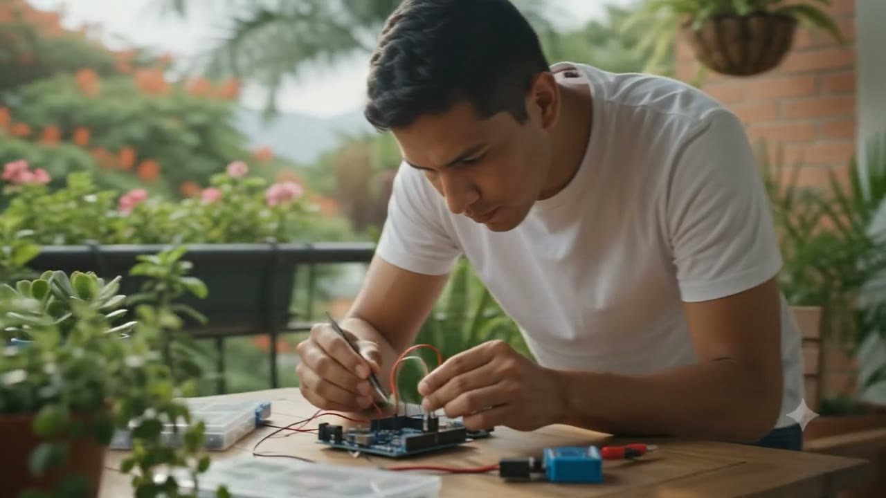 Joven ensamblando electrónica en un balcón caribeño